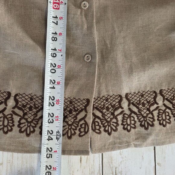 TWEEDS Linen Embroidered 3/4 Sleeve Button Up Blouse Top Brown Cottage Medium - Picture 7 of 7